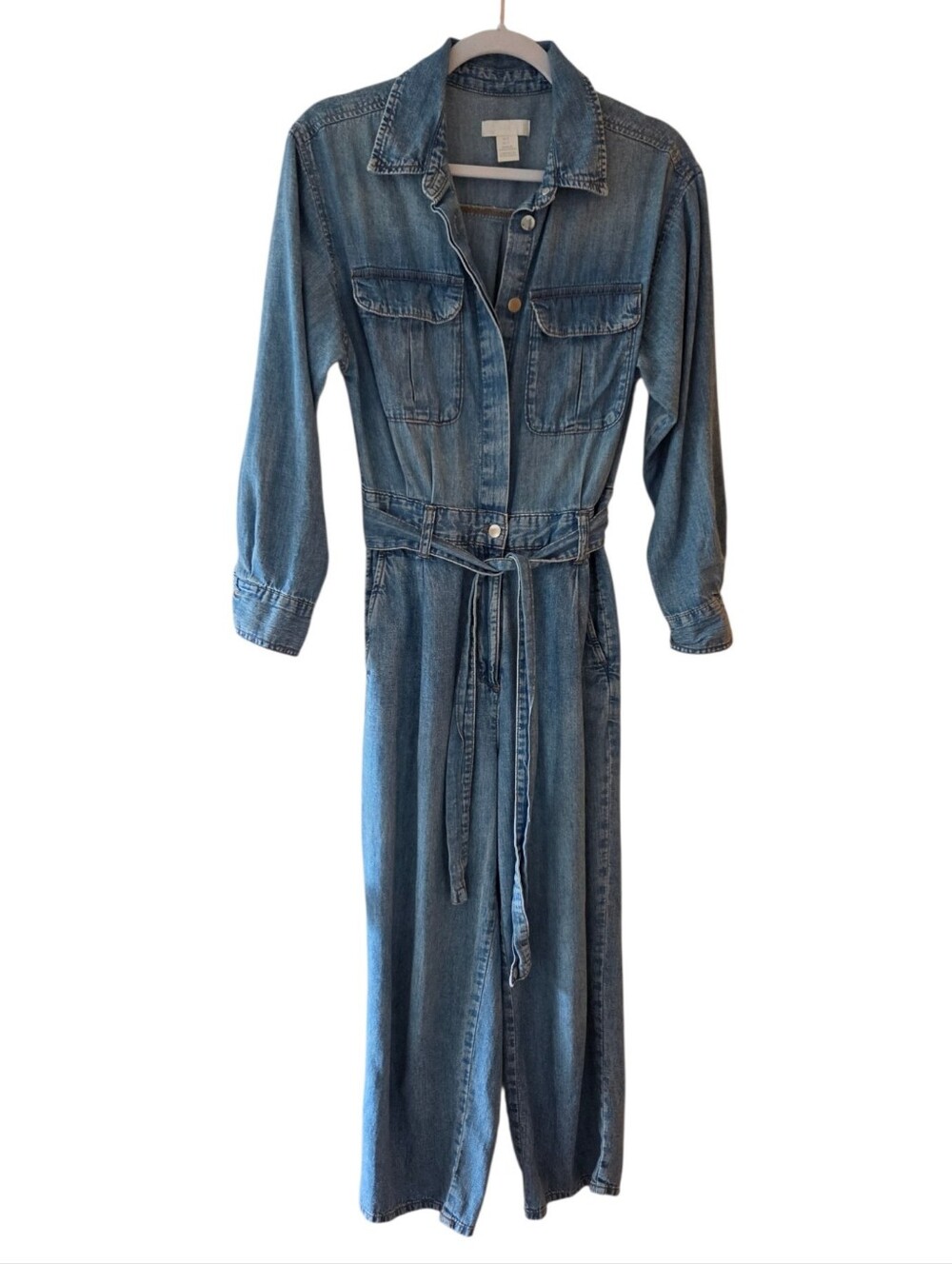 ​H&M denim long sleeve tie-waist jumpsuit boilersuit women's  blue size small